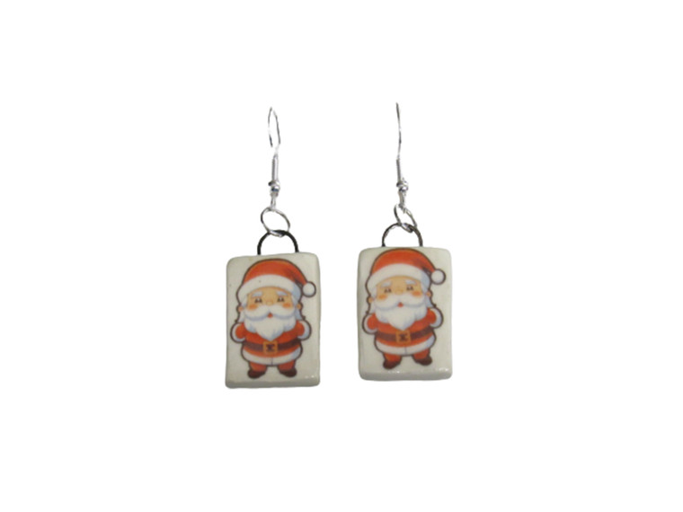A set of handmade ceramic Christmas Santa on white rectangles clay dangle Earrings.