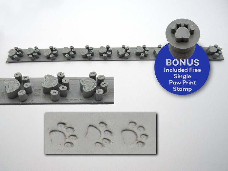 A paw prints border stamp plus bonus single round paw print pendant stamp for handbuild pottery.
