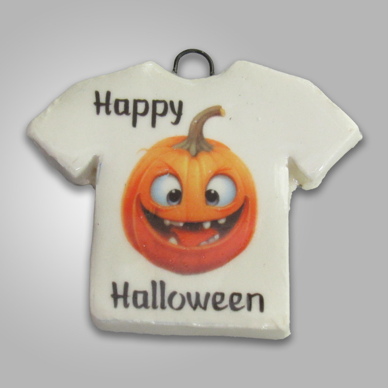 Handmade Ceramic Halloween Tshirt Silly Pumpkin (Design 1) With the words Happy Halloween pendant.