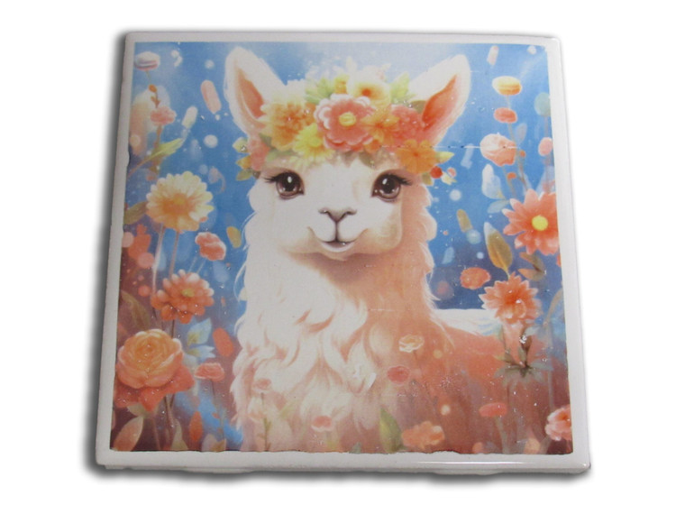 A handmade Llama Alpaca Ceramic Coaster Hot Pad Trivet.