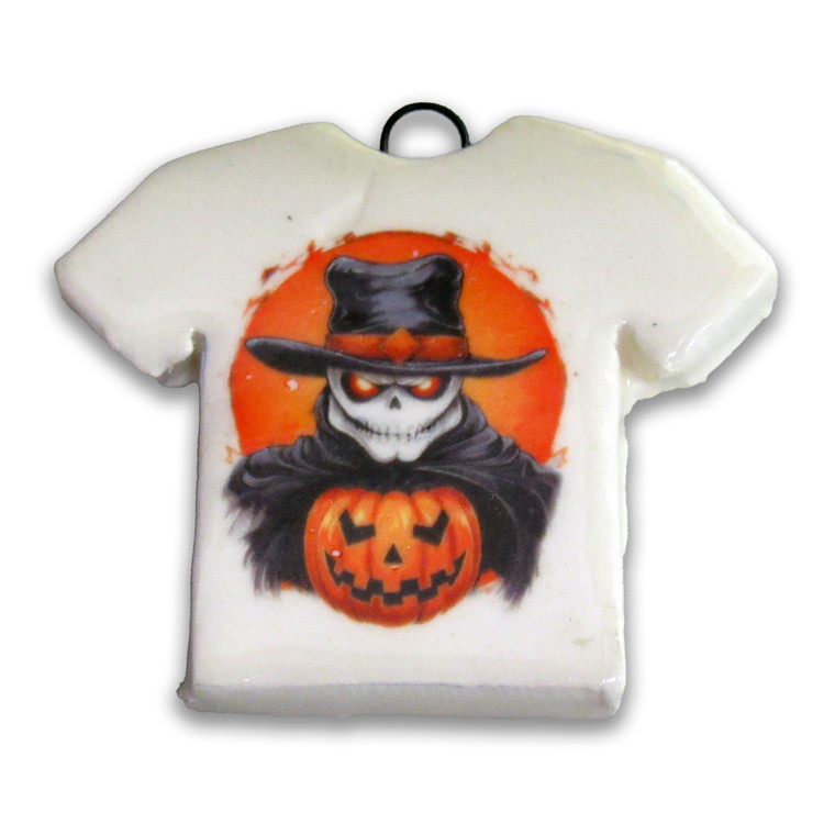 A handmade ceramic Halloween Tshirt  Necklace with Skeleton with a top hat Dressed in Black with a Pumpkin Pendant.