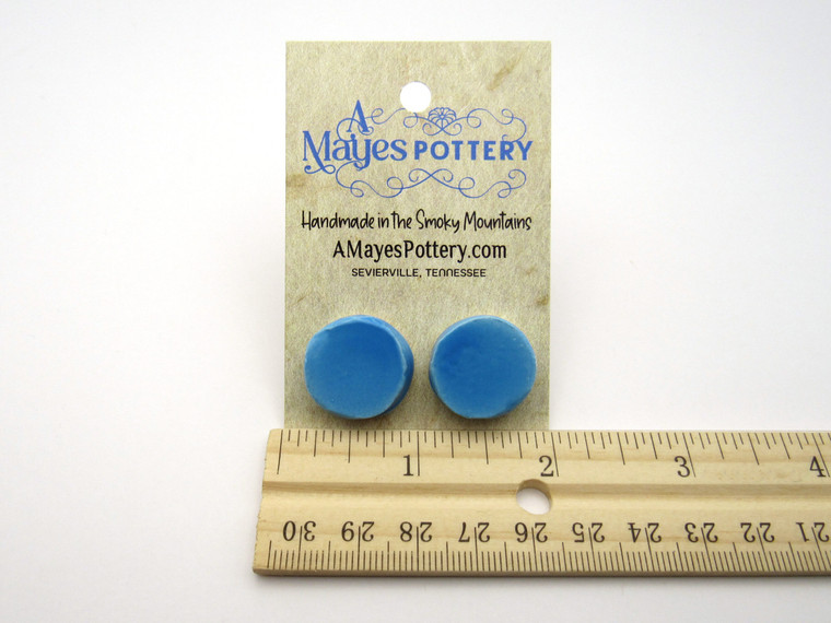 A set of handmade Large Blue Round Circles clay post earrings. On an A Mayes Pottery card. Made in America.