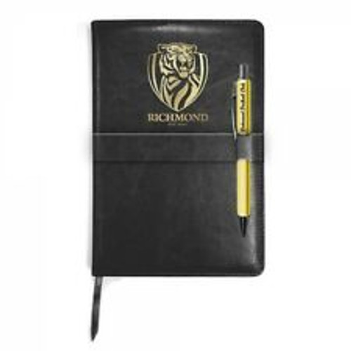 Ballpoint pen and leather look covered diary with gold Richmond Tigers logo embossed on cover.