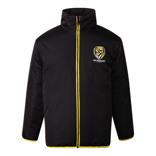 A Black based zip up jacket with yellow piping down the zip line, also displaying the club logo on the left hand side of the jacket.