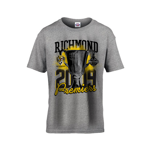 Grey t-shirt with a premiership print on the front. Text saying "Richmond 2019 Premiers"
