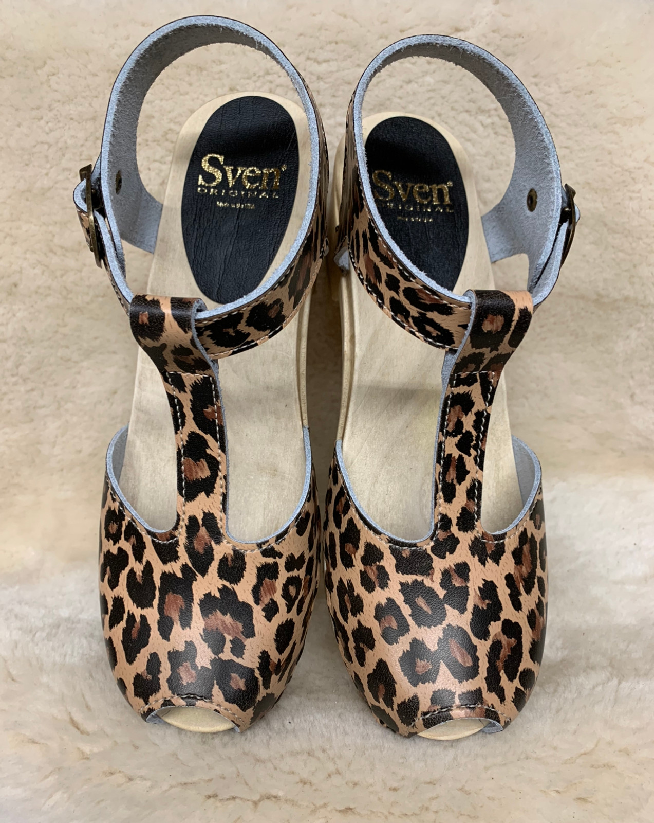 Leopard Print Clogs - T-Straps  - Mid Heels