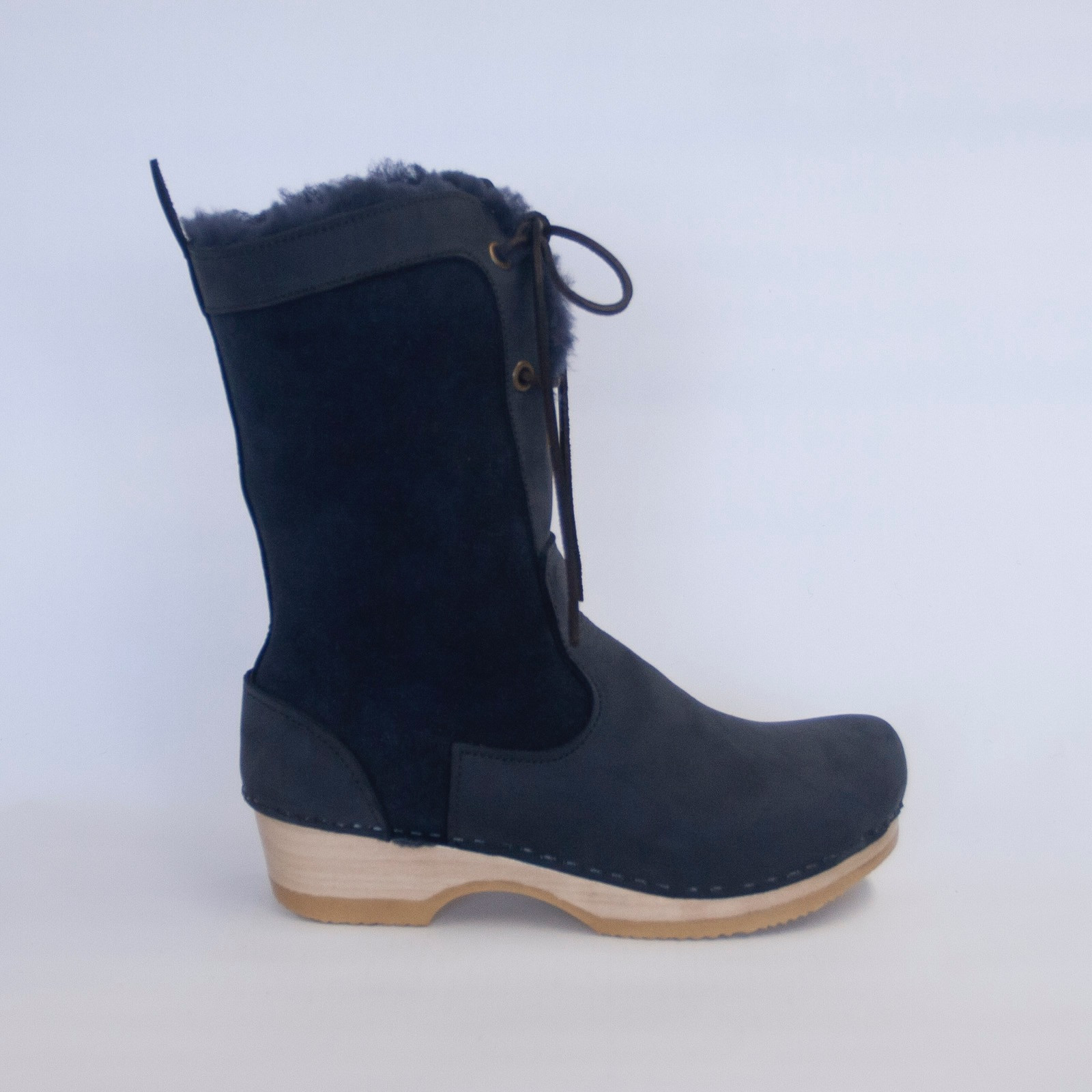 Navy Shearling - Lace Up Shearling Clog Boots