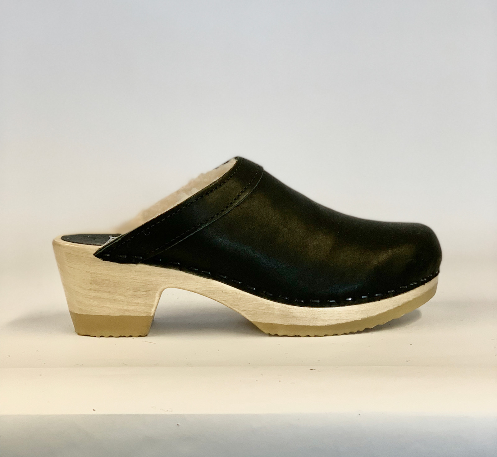 Fur Lined Clogs - Black with Cream - Mid Heels