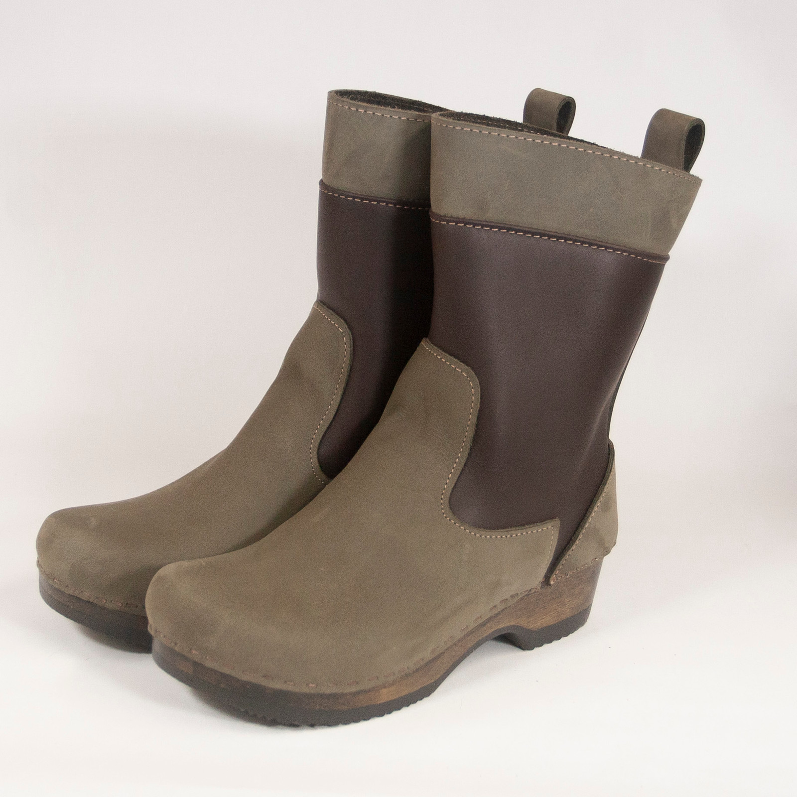 Anne Clog Booties - Olive & Fudge - All Leather