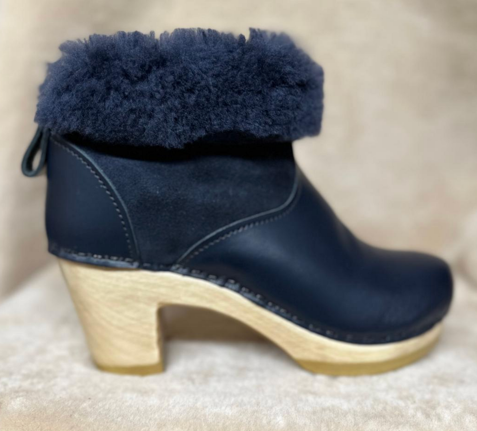3" High Heel - 5" Shearling Clog Boots - Navy - Size 36