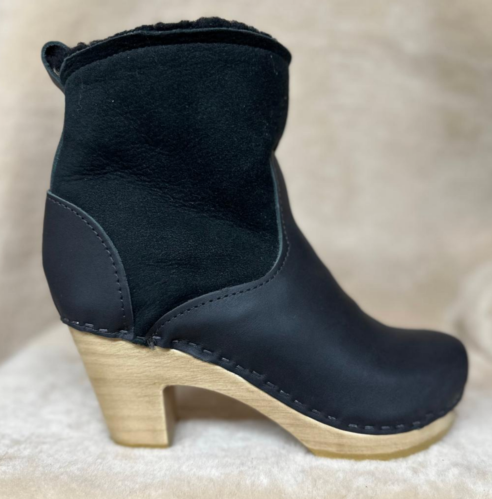 3" High Heel - 5" Black Shearling Clog Booties
