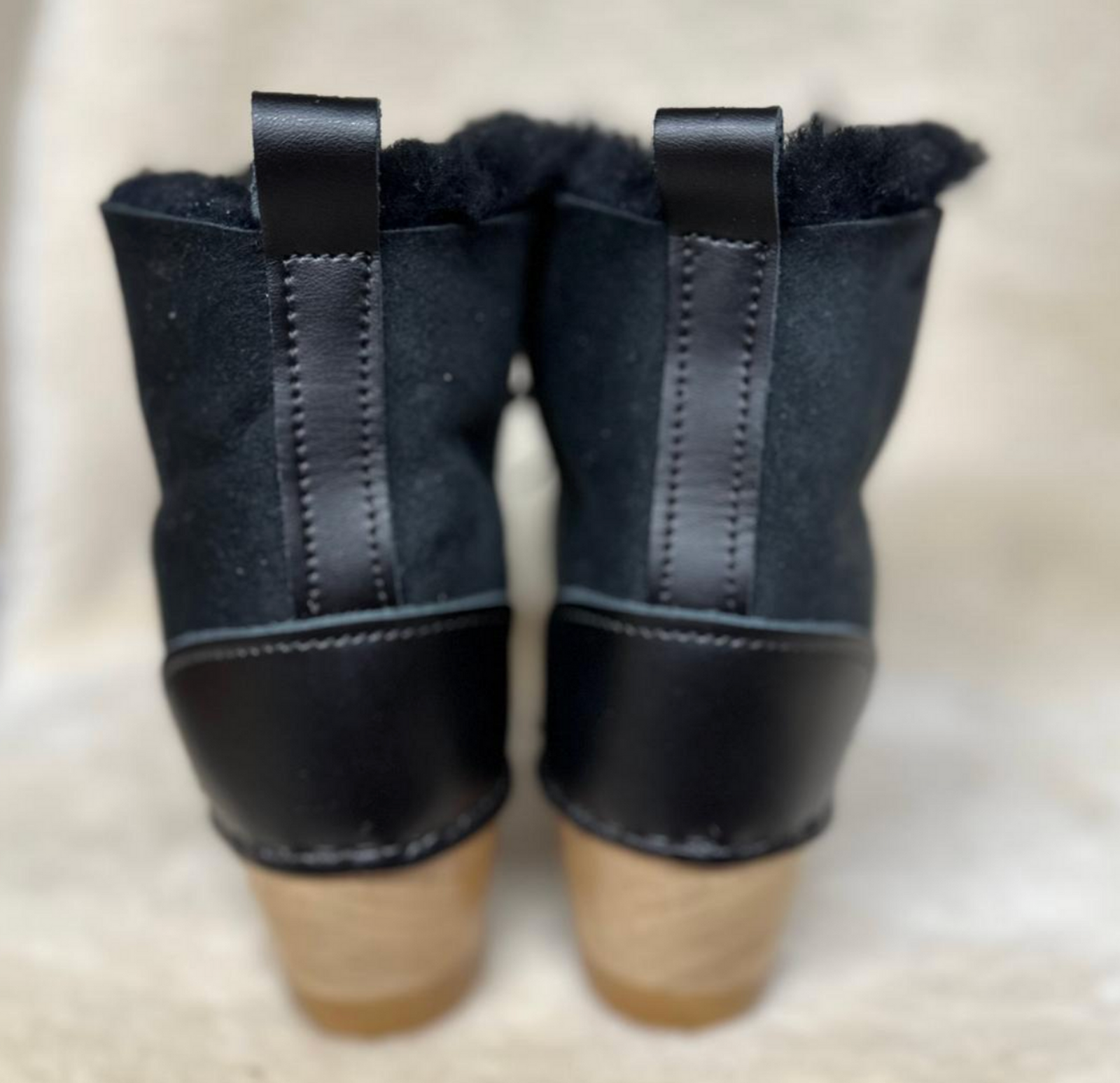 5" Lace Up Shearling Clog Boots - Black - Mid Heels