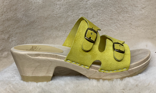Yellow Suede - Buckle Sandal Clogs - Mid Heels