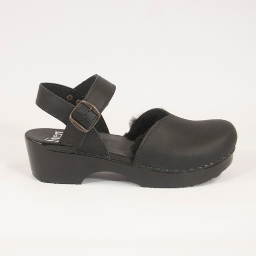 Mary Janes Fur Lined Clogs - Black - Low Heel