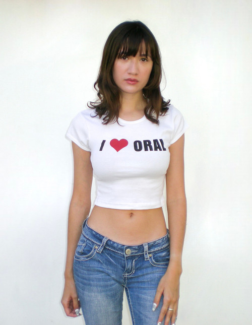 White cotton baby rib cap sleeve cropped tee. Reads "I Love Oral" in front and "Hygiene" in back.
