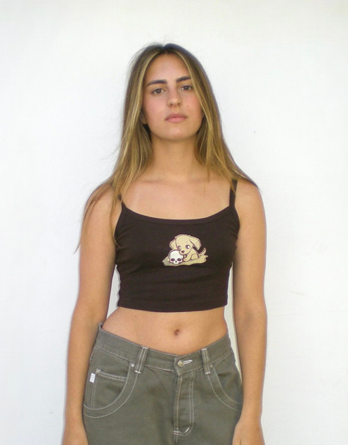 Chocolate brown cropped spaghetti tank. Made from cotton baby rib material. Screen printed design of a dog next to a skull.