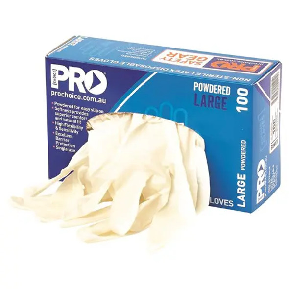 Pro Choice MDL Disposable Latex Powdered Gloves  Box of 100 sold by Kings Workwear at www.kingsworkwear.com.au