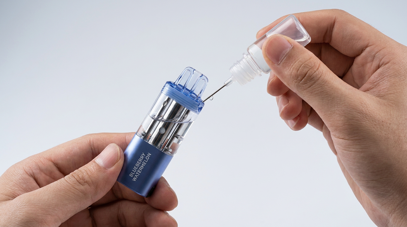 Injecting vape juice from a bottle into a sealed Foger pod, the DIY refill method that causes leaks and burnt coils