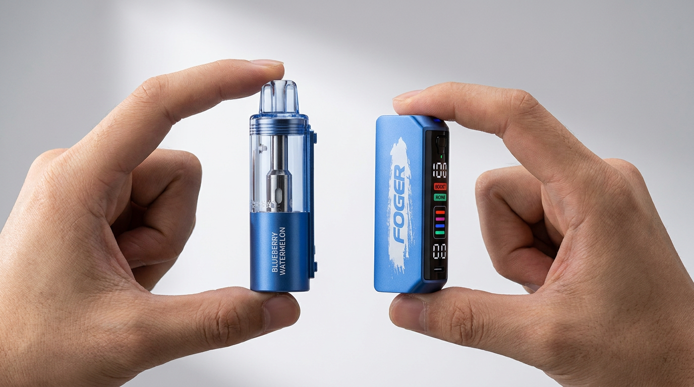 Hands separating the Foger Switch Pro flavor pod from the battery unit at the middle seam