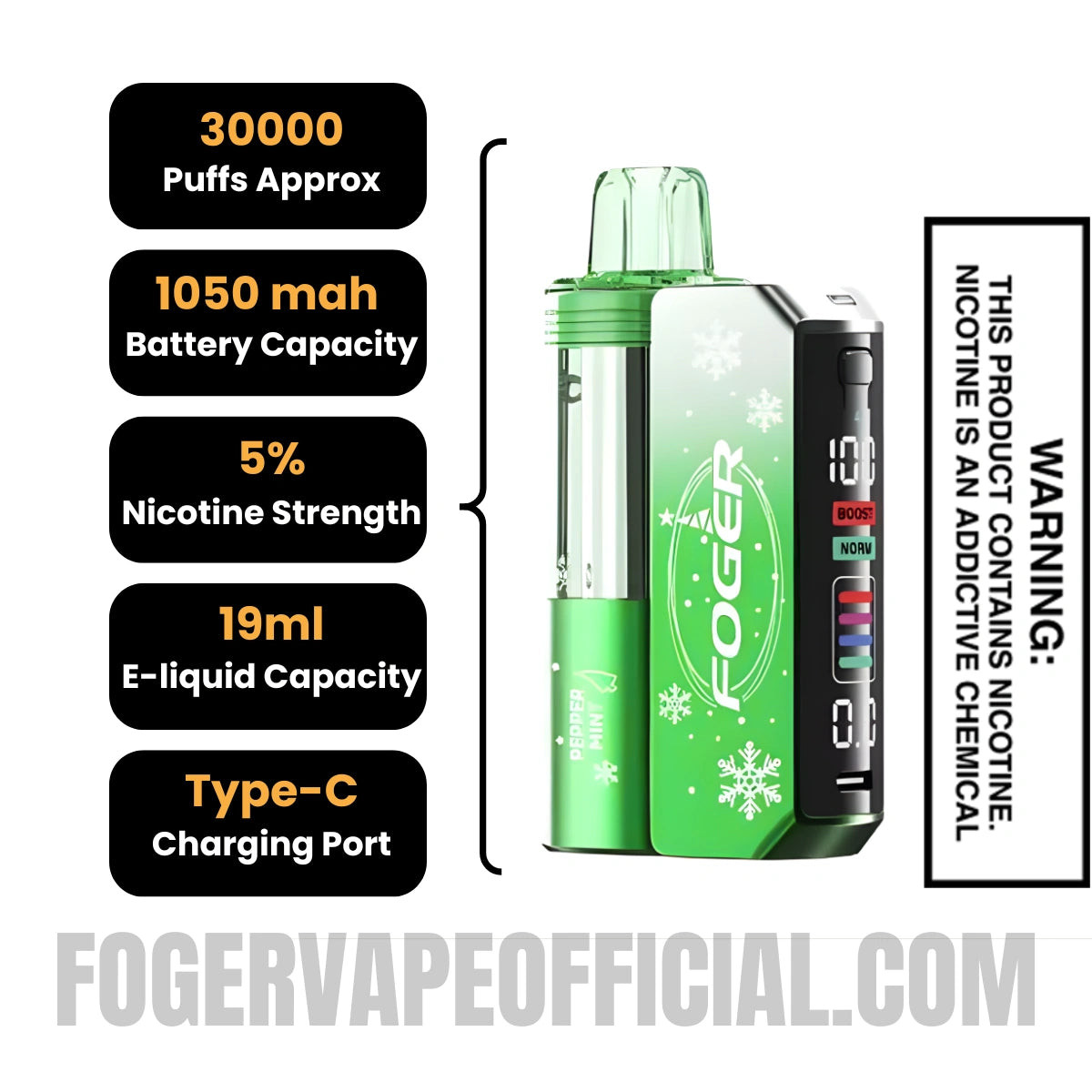 Peppermint Foger Switch Pro Vape Kit 30K Puffs (Holiday Edition) Specifications