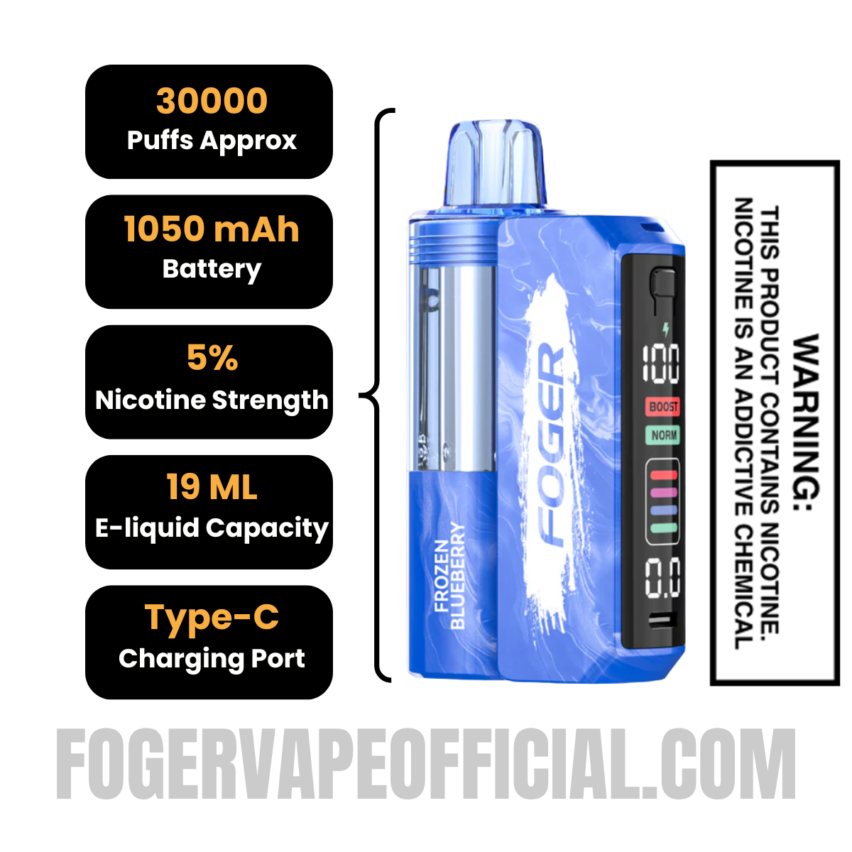 Frozen Blueberry Foger Switch Pro Vape Kit 30K Puffs Specifications