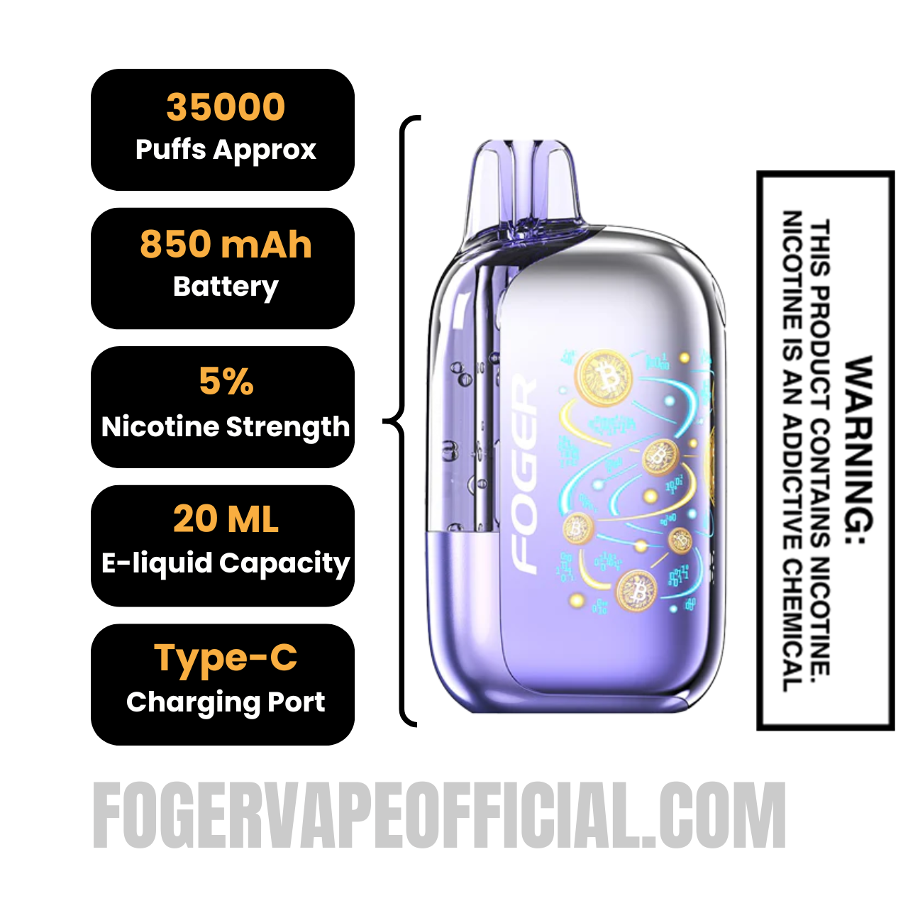 White Peach Raspberry Foger Bit 35K Disposable Vape Specifications