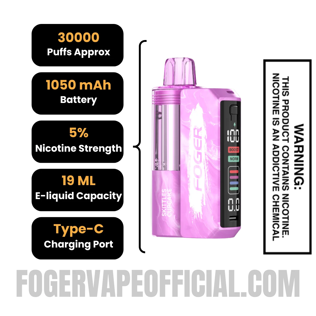 Skittles Cupcake Foger Switch Pro Kit 30K Puffs Specifications