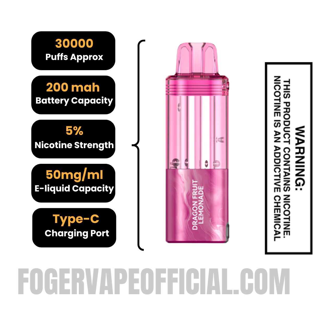 Dragon Fruit Lemonade Foger Switch Pro 30K Disposable Pod Specifications