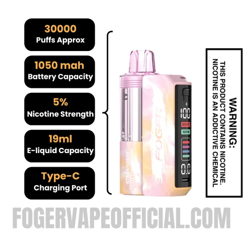 Strawberry Cotton Candy Foger Switch Pro 30K Disposable Vape Kit Specifications 
