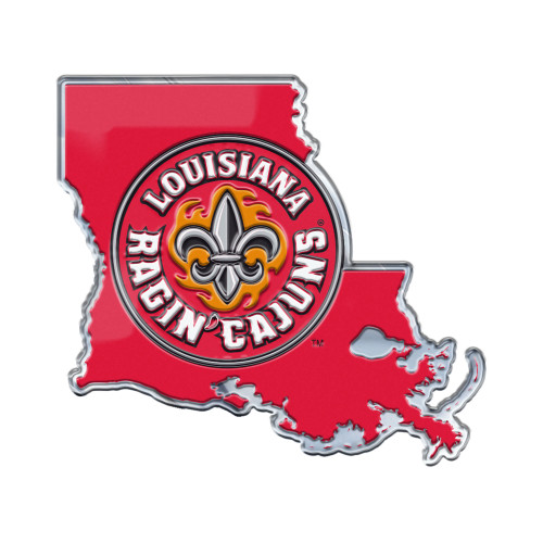 University of Louisiana-Lafayette - Louisiana-Lafayette Ragin' Cajuns Embossed State Emblem "Circular Fluer-De-Lis" Logo / Shape of Louisiana Red