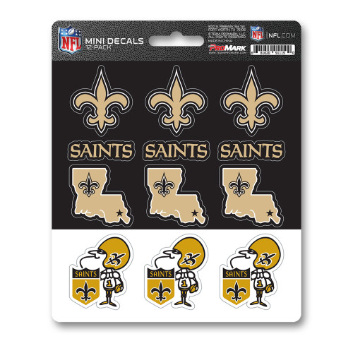 New Orleans Saints Mini Decal 12-pk 12 Various Logos / Wordmark Gold & Black