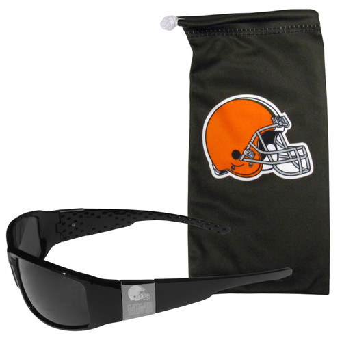 Cleveland Browns Etched Chrome Wrap Sunglasses and Bag