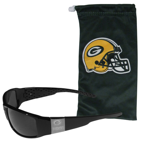 Green Bay Packers Etched Chrome Wrap Sunglasses and Bag