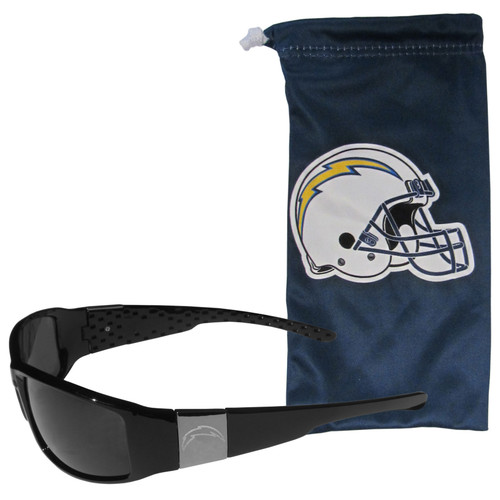 Los Angeles Chargers Etched Chrome Wrap Sunglasses and Bag