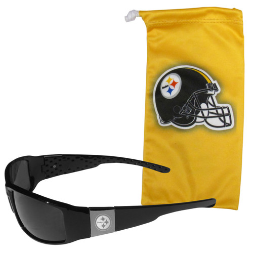 Pittsburgh Steelers Etched Chrome Wrap Sunglasses and Bag