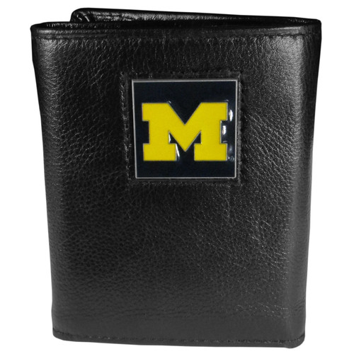 Michigan Wolverines Deluxe Leather Tri-fold Wallet Packaged in Gift Box