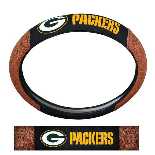 Green Bay Packers Sports Grip Steering Wheel Cover Primary Logo and Wordmark Tan & Black