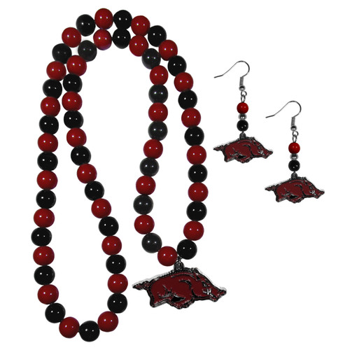 Arkansas Razorbacks Fan Bead Earrings and Necklace Set