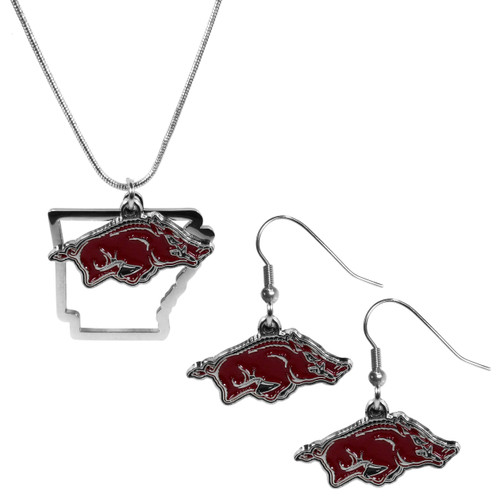 Arkansas Razorbacks Dangle Earrings and State Necklace Set