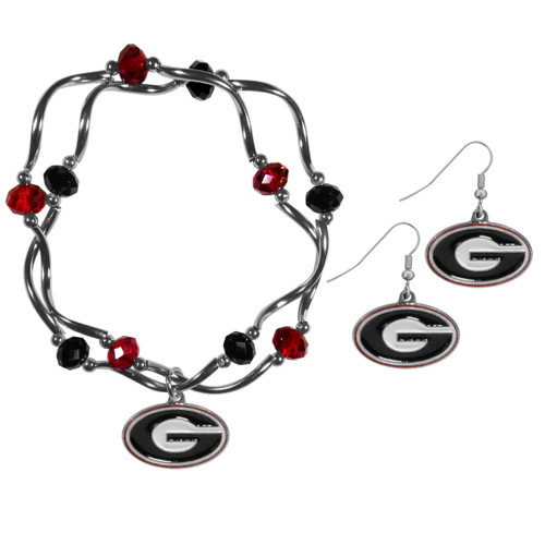 Georgia Bulldogs Dangle Earrings and Crystal Bead Bracelet Set