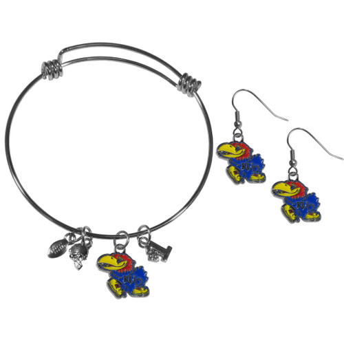 Kansas Jayhawks Dangle Earrings and Charm Bangle Bracelet Set