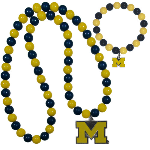 Michigan Wolverines Fan Bead Necklace and Bracelet Set