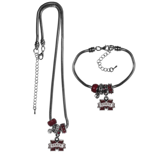 Mississippi St. Bulldogs Euro Bead Necklace and Bracelet Set