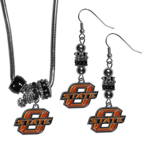 Oklahoma St. Cowboys Euro Bead Earrings and Necklace Set