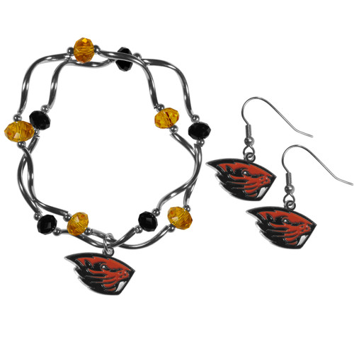 Oregon St. Beavers Dangle Earrings and Crystal Bead Bracelet Set