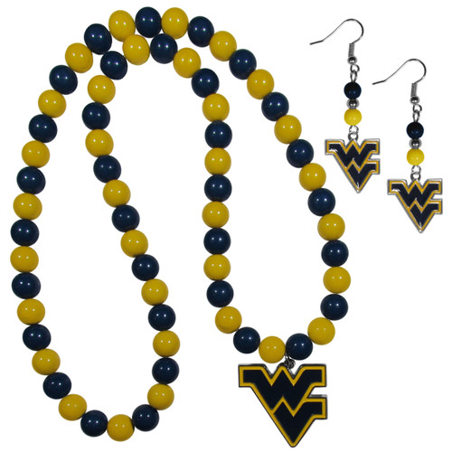 W. Virginia Mountaineers Fan Bead Earrings and Necklace Set