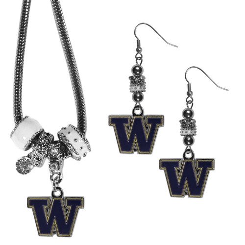 Washington Huskies Euro Bead Earrings and Necklace Set