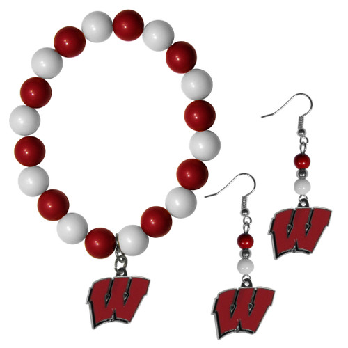 Wisconsin Badgers Fan Bead Earrings and Bracelet Set