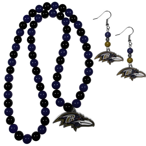 Baltimore Ravens Fan Bead Earrings and Necklace Set