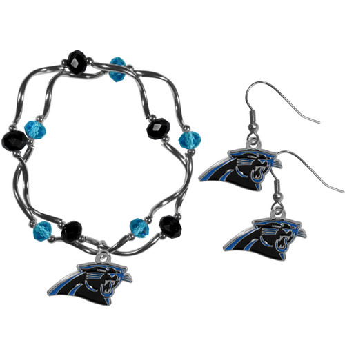 Carolina Panthers Dangle Earrings and Crystal Bead Bracelet Set